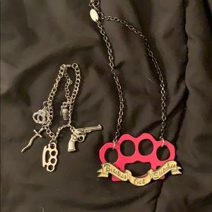 Brass knuckle design necklace and bracelet